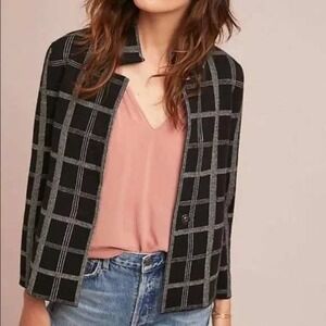 Anthropologie Moth Windowpane Plaid Blazer Jacket M Black‎ White Dark Academia